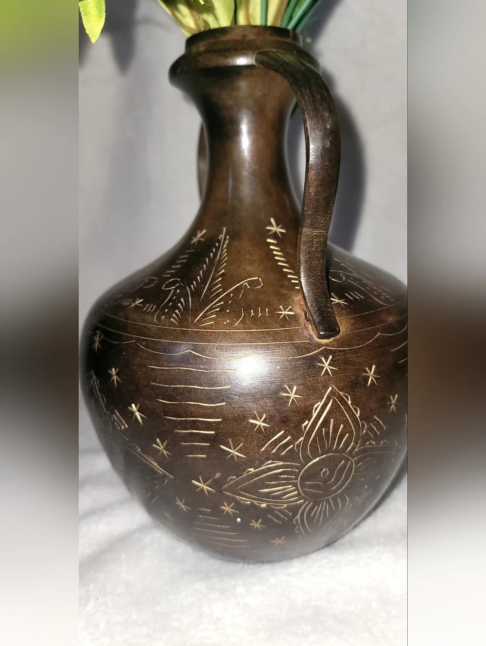 Vintage Solid Brass Amphora Vase Black Finish & Etched Designs